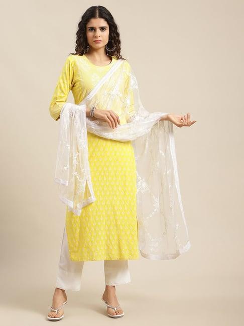 ksut yellow & white printed kurta with pant & dupatta