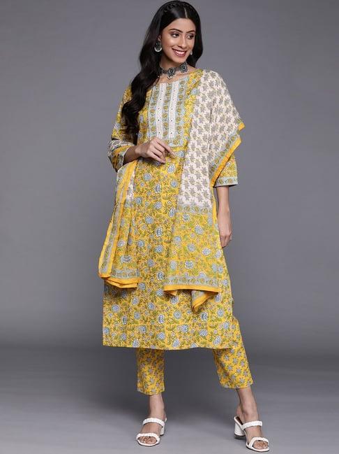 ksut yellow cotton printed kurta pant set with dupatta