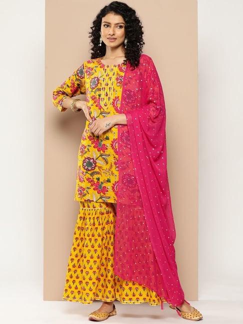 ksut yellow cotton printed kurti sharara set with dupatta