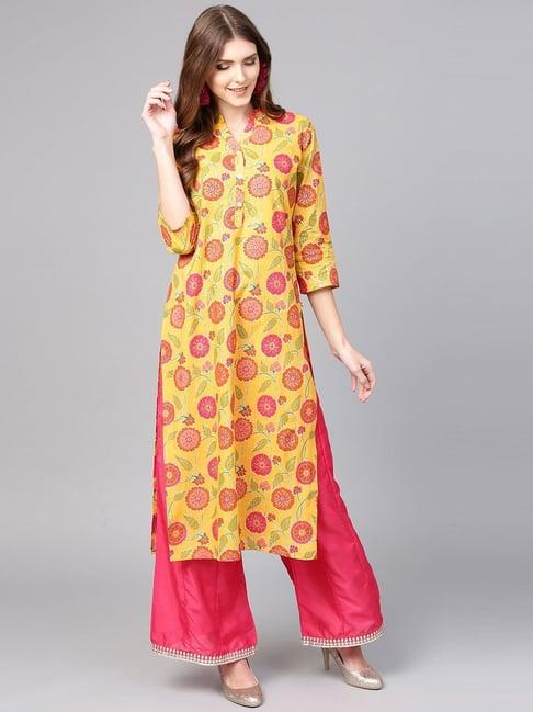 ksut yellow cotton printed straight kurta