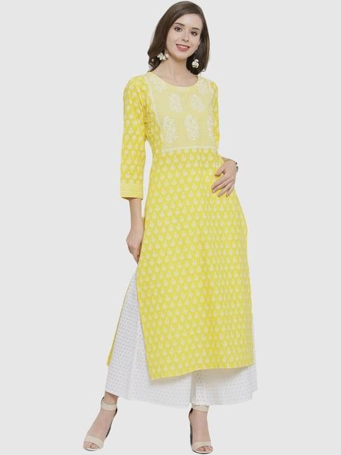 ksut yellow cotton printed straight kurta