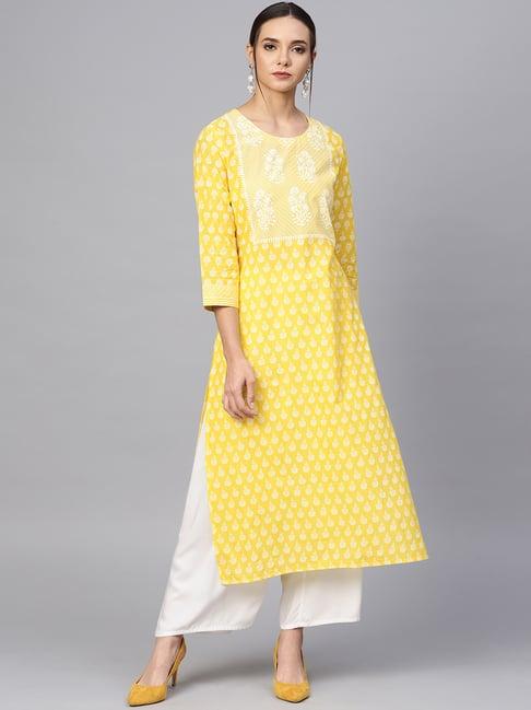 ksut yellow cotton printed straight kurta