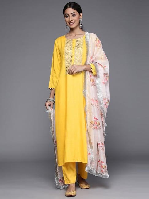 ksut yellow embroidered kurta pant set with dupatta