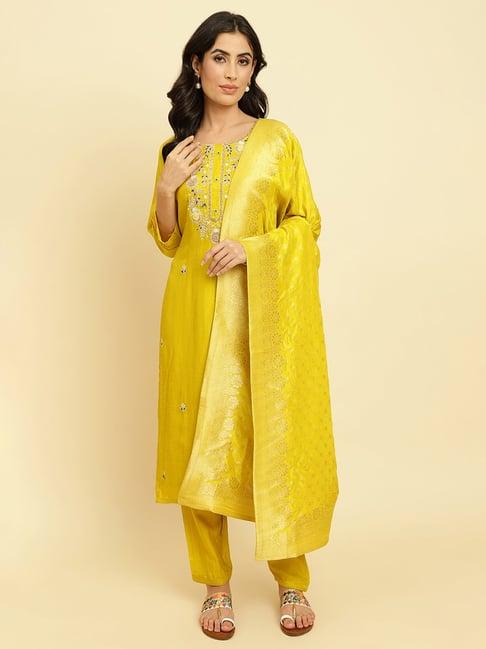 ksut yellow embroidered kurta with pant & dupatta