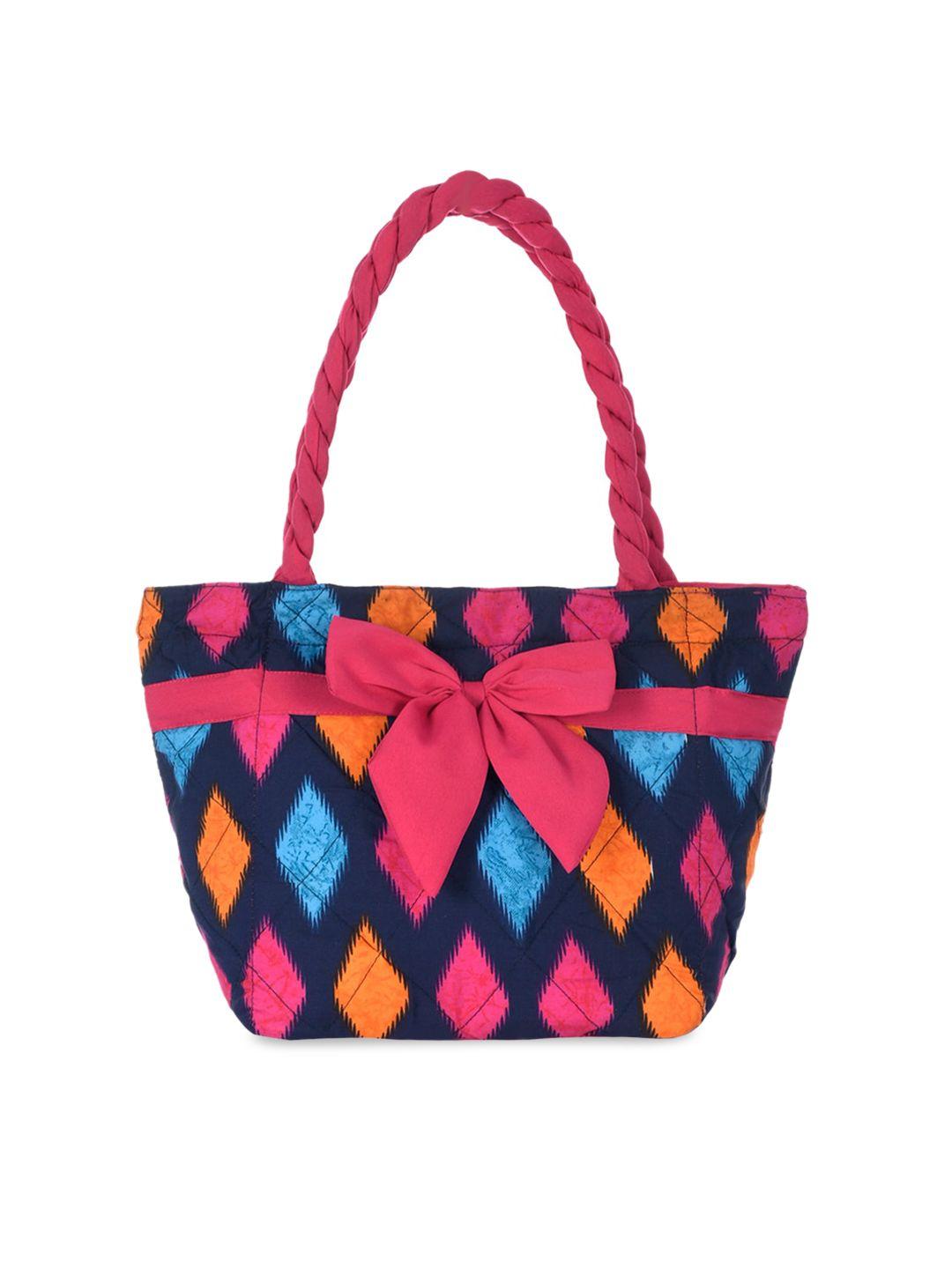 kuber industries blue geometric printed shopper shoulder bag with bow detail