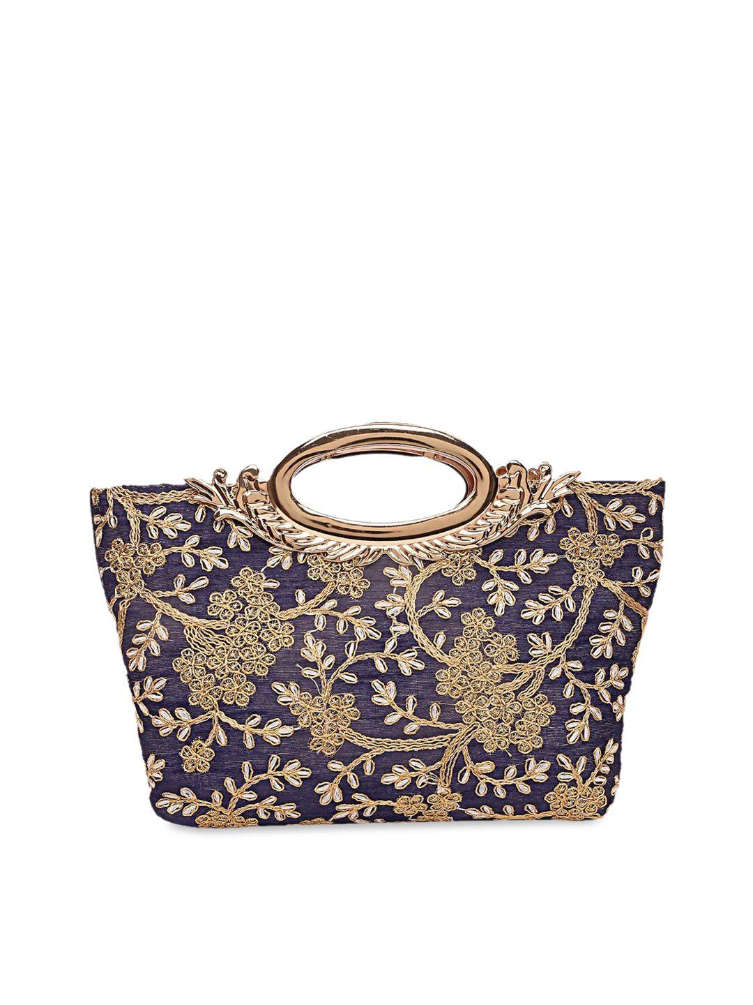 kuber industries navy blue & gold-toned embroidered handheld bag