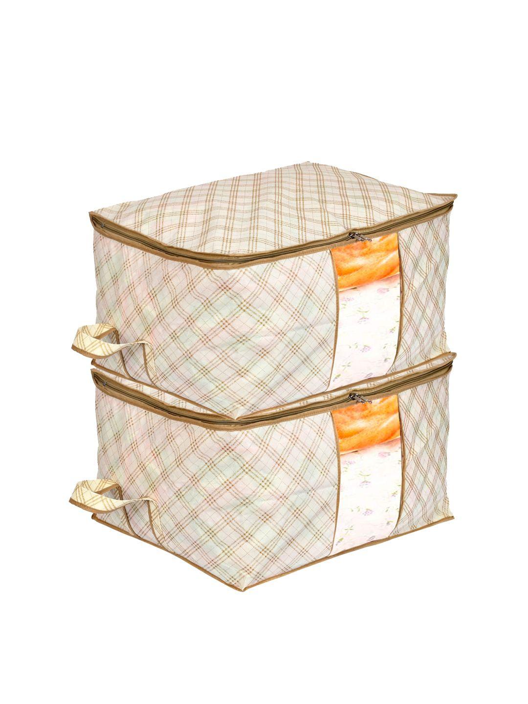 kuber industries set of 2 cream-color & brown metallic checked under bed storage bags