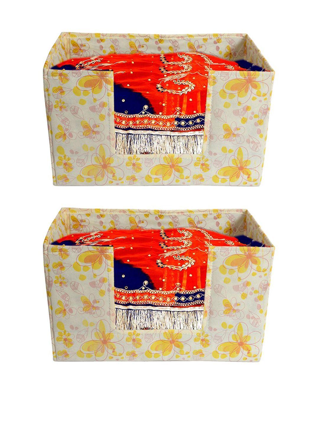 kuber industries set of 2 off- white & yellow flower printed shirt stacker organizers