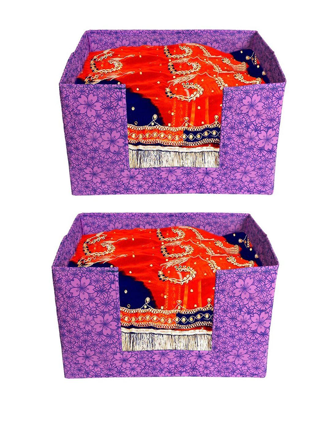 kuber industries set of 2 purple & pink floral printed shirt stacker organisers with handles