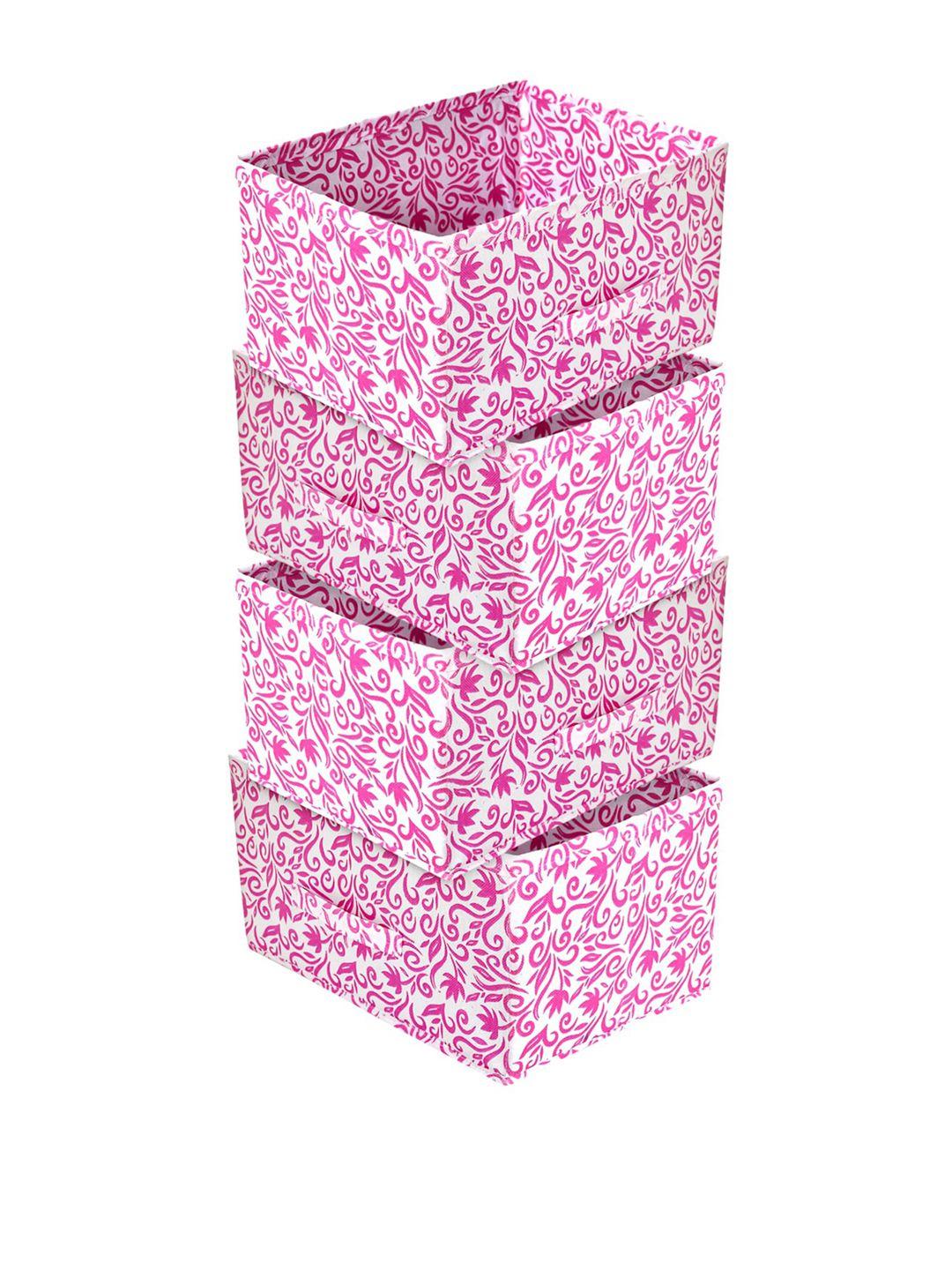 kuber industries set of 4 pink & white leaf printed closet organizer box with handle