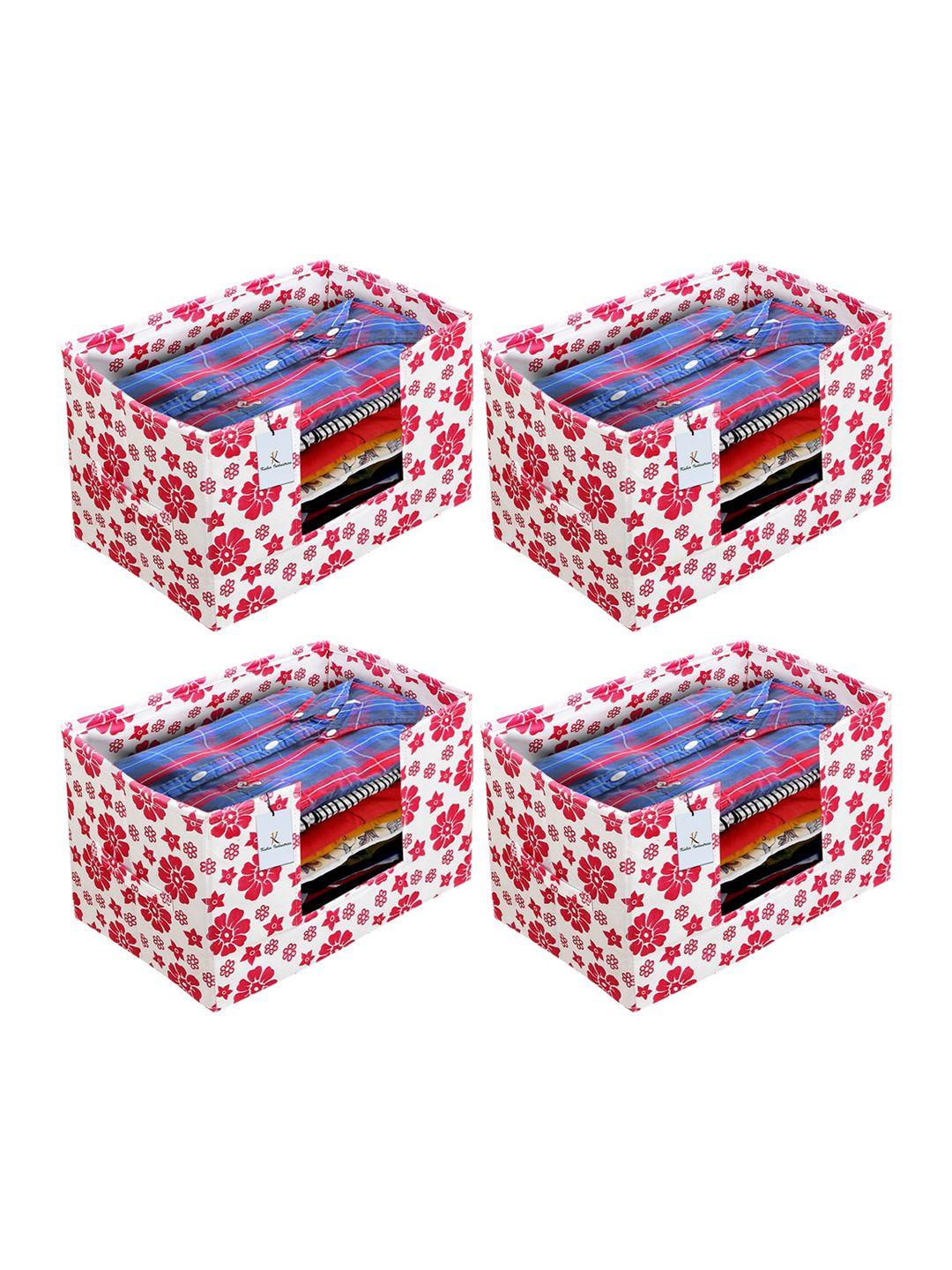 kuber industries set of 4 white & pink flower printed shirt stacker organisers with handles
