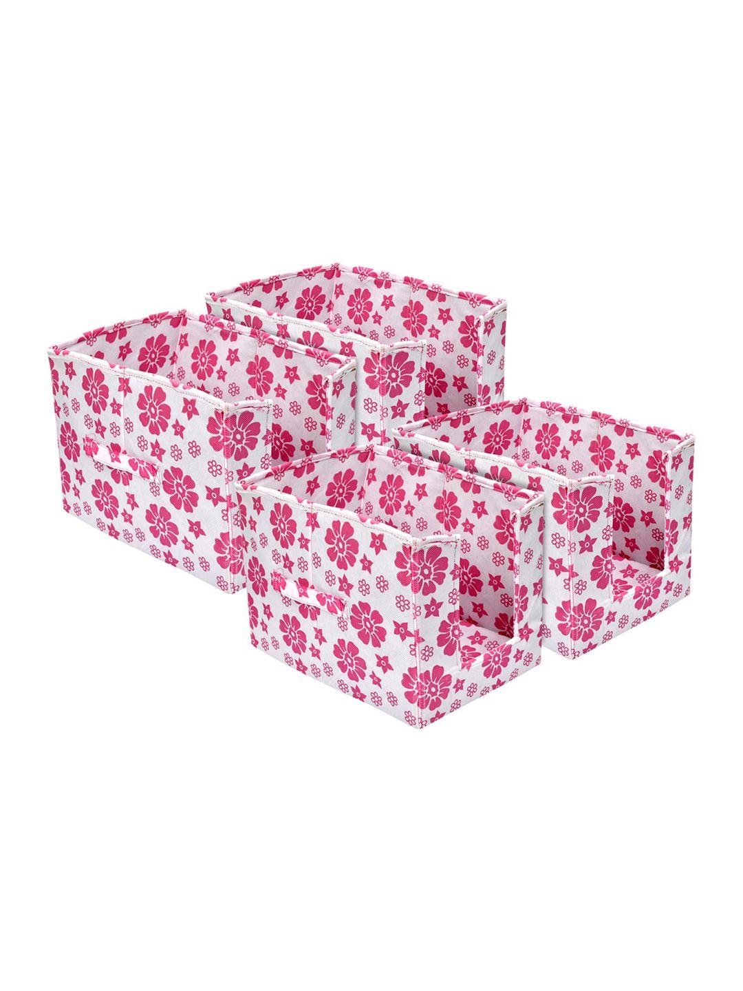 kuber industries set of 4 white & pink flower printed shirt stacker organisers