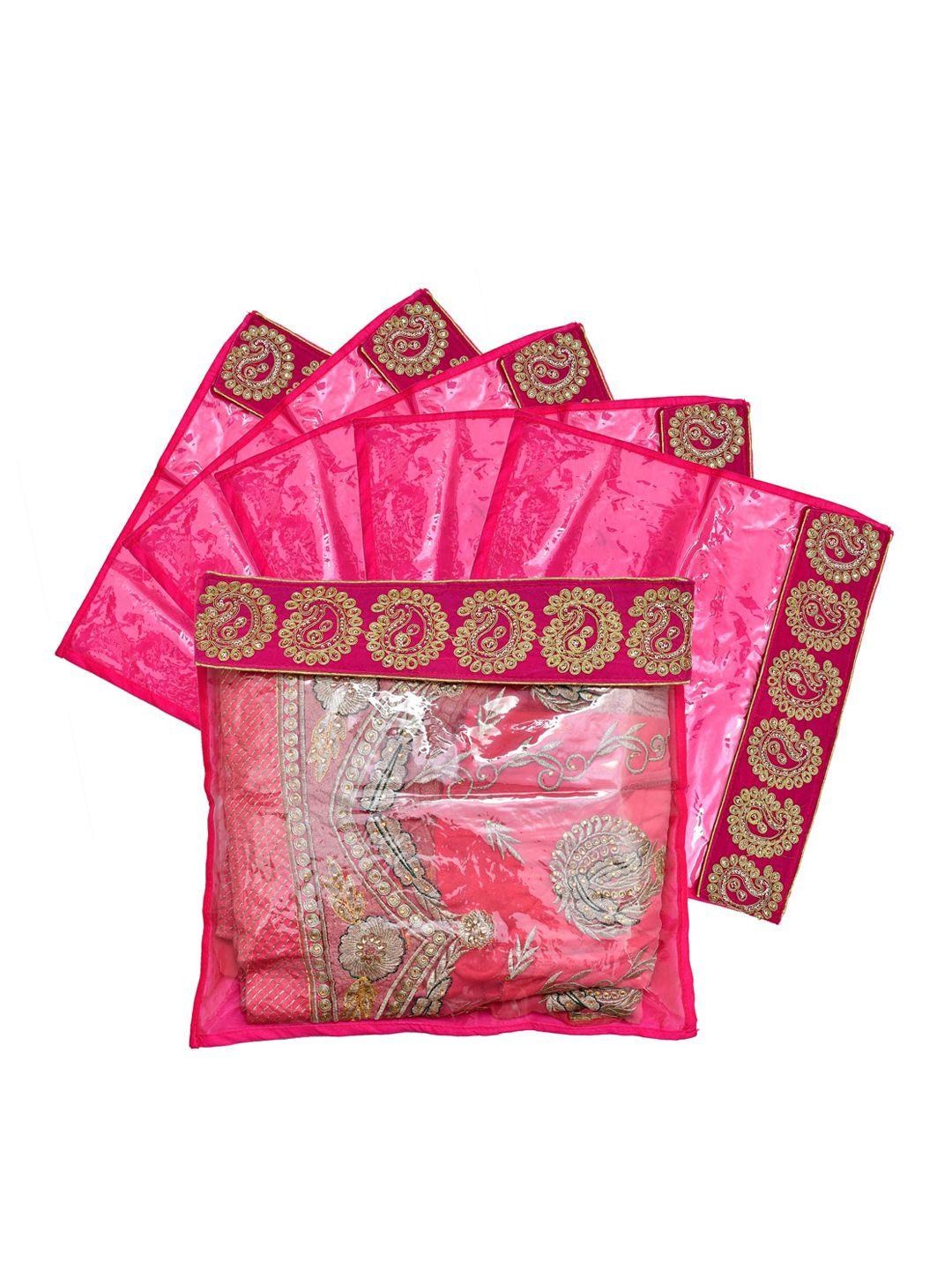 kuber industries set of 6 pink & transparent embellished zari border flip single packing saree cover organizers