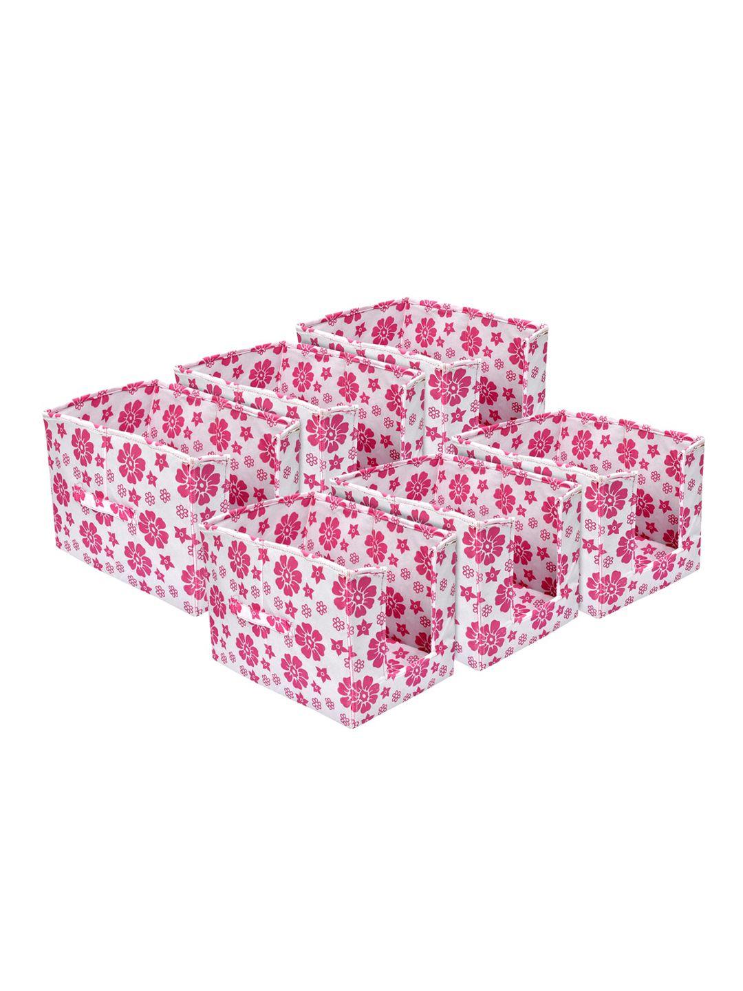 kuber industries set of 6 white & pink flower printed shirt stacker organisers with handles