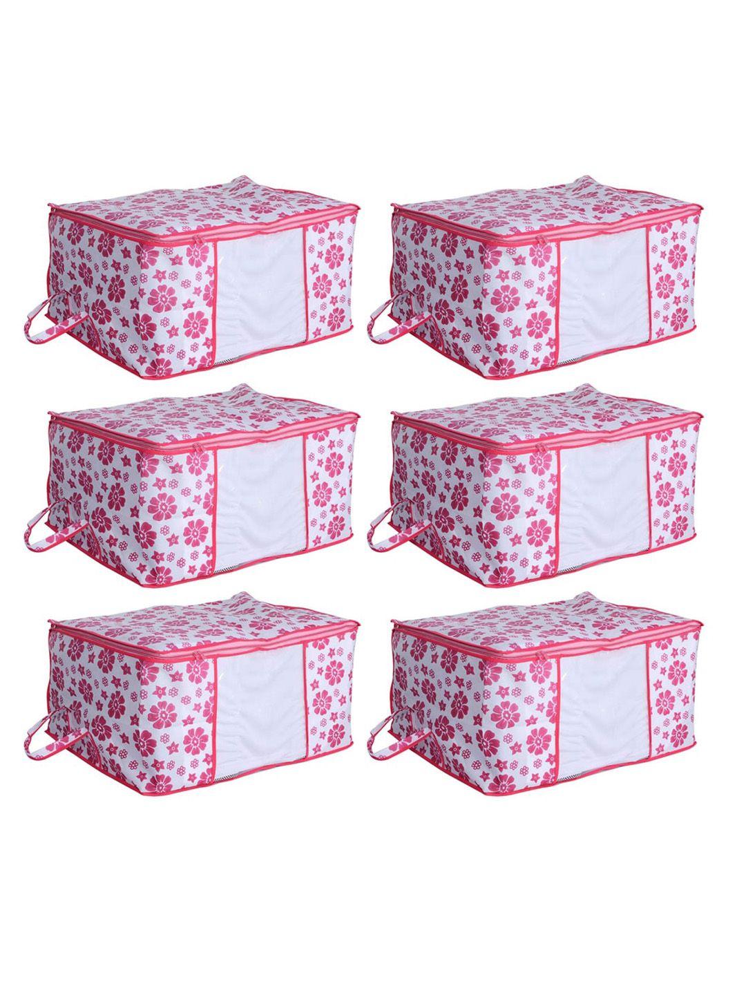 kuber industries set of 6 white & pink flower printed storage bags with transparent window