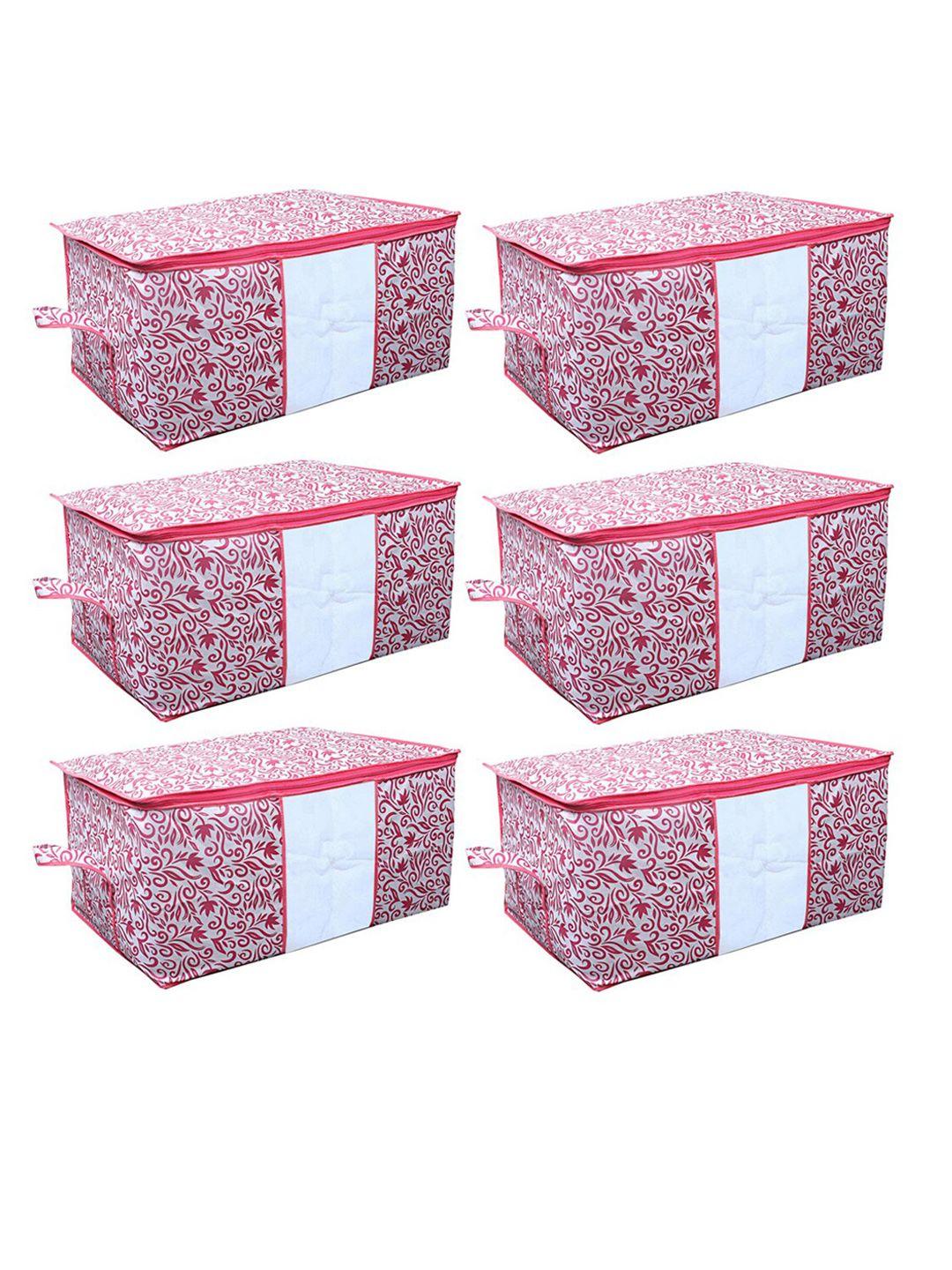 kuber industries set of 6 white & pink leaf printed underbed storage bags with transparent window