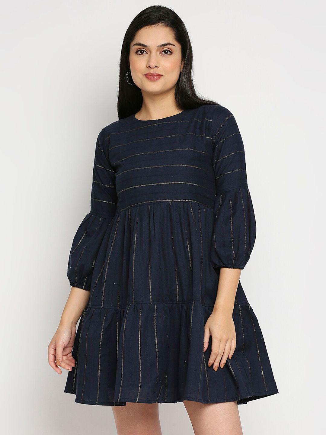 kuber studio navy blue striped shimmer tier cotton dress