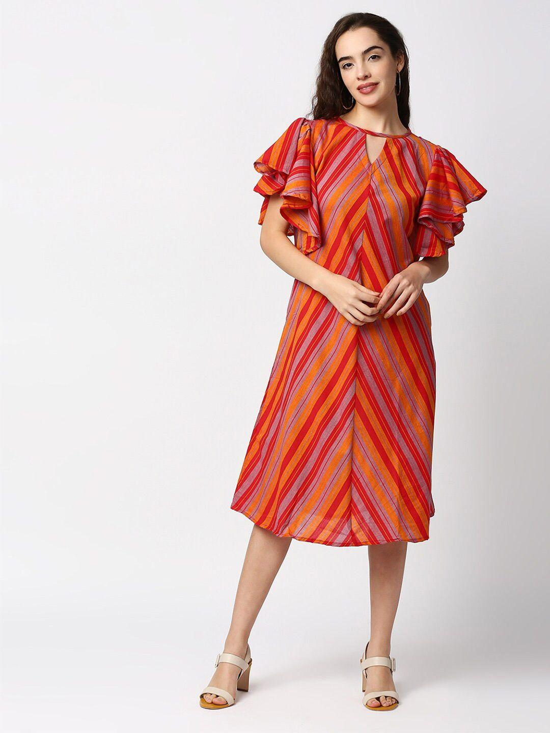 kuber studio red striped keyhole neck a-line midi dress