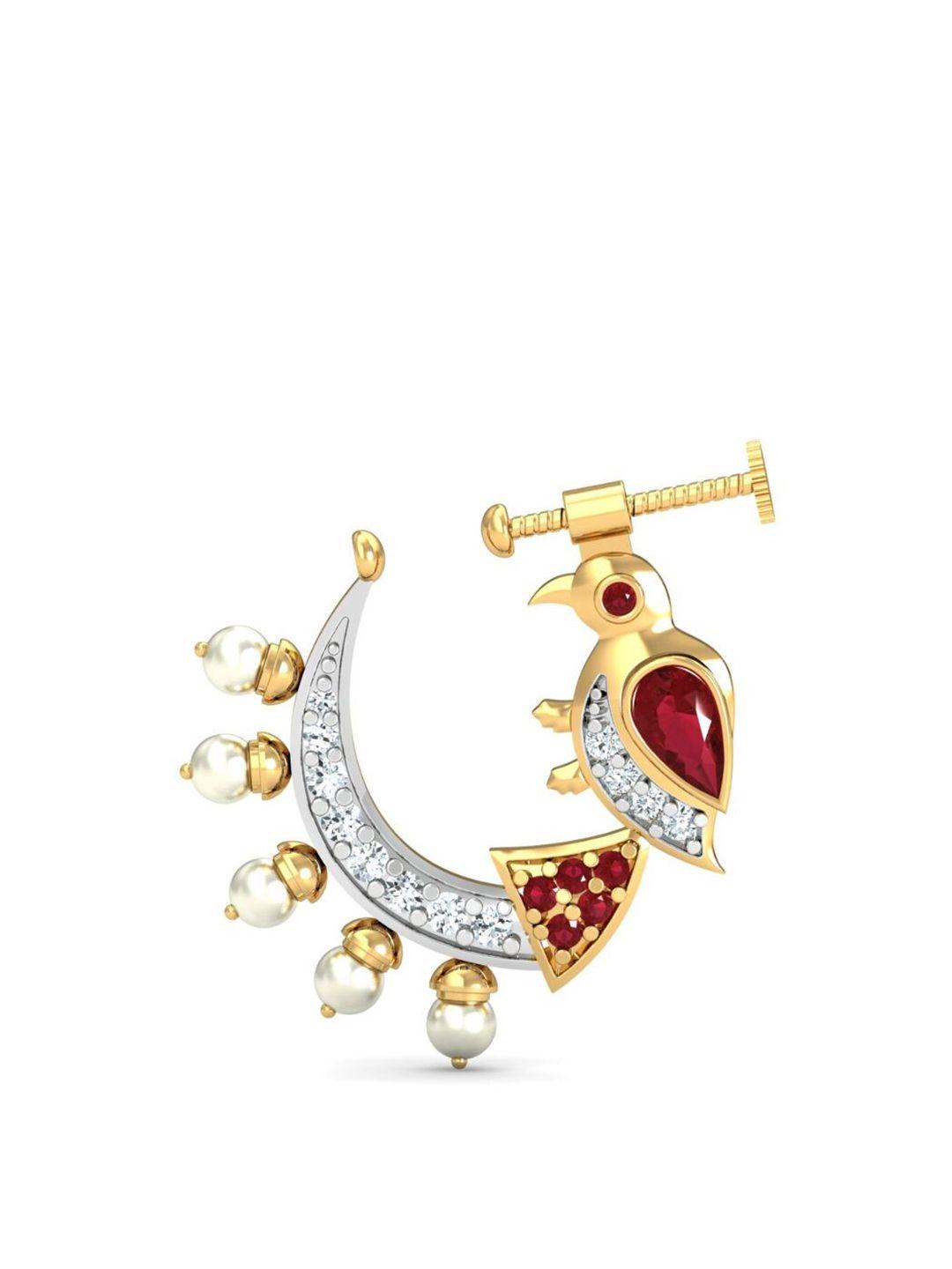 kuberbox chiluka 18kt gold diamond ruby and pearl studded non-piercing nose ring-1.3g