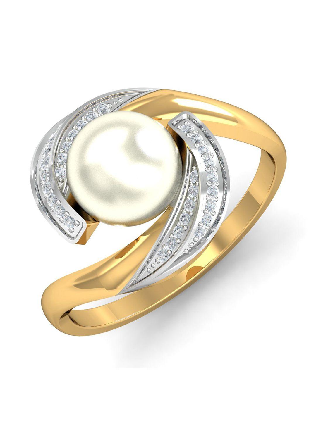kuberbox noelle 18kt gold diamond studded pearl finger ring- 3.96gm