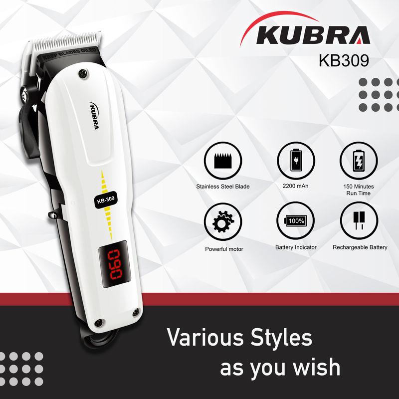 kubra kb-309 professional cordless rechargeable led display hair clipper for men (black)
