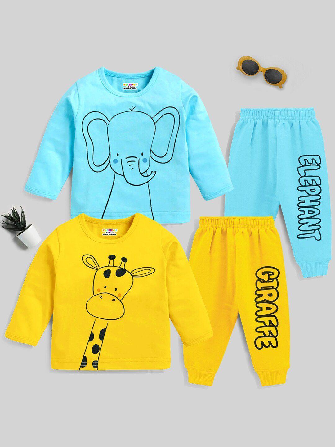kuchipoo unisex kids blue & yellow printed night suit
