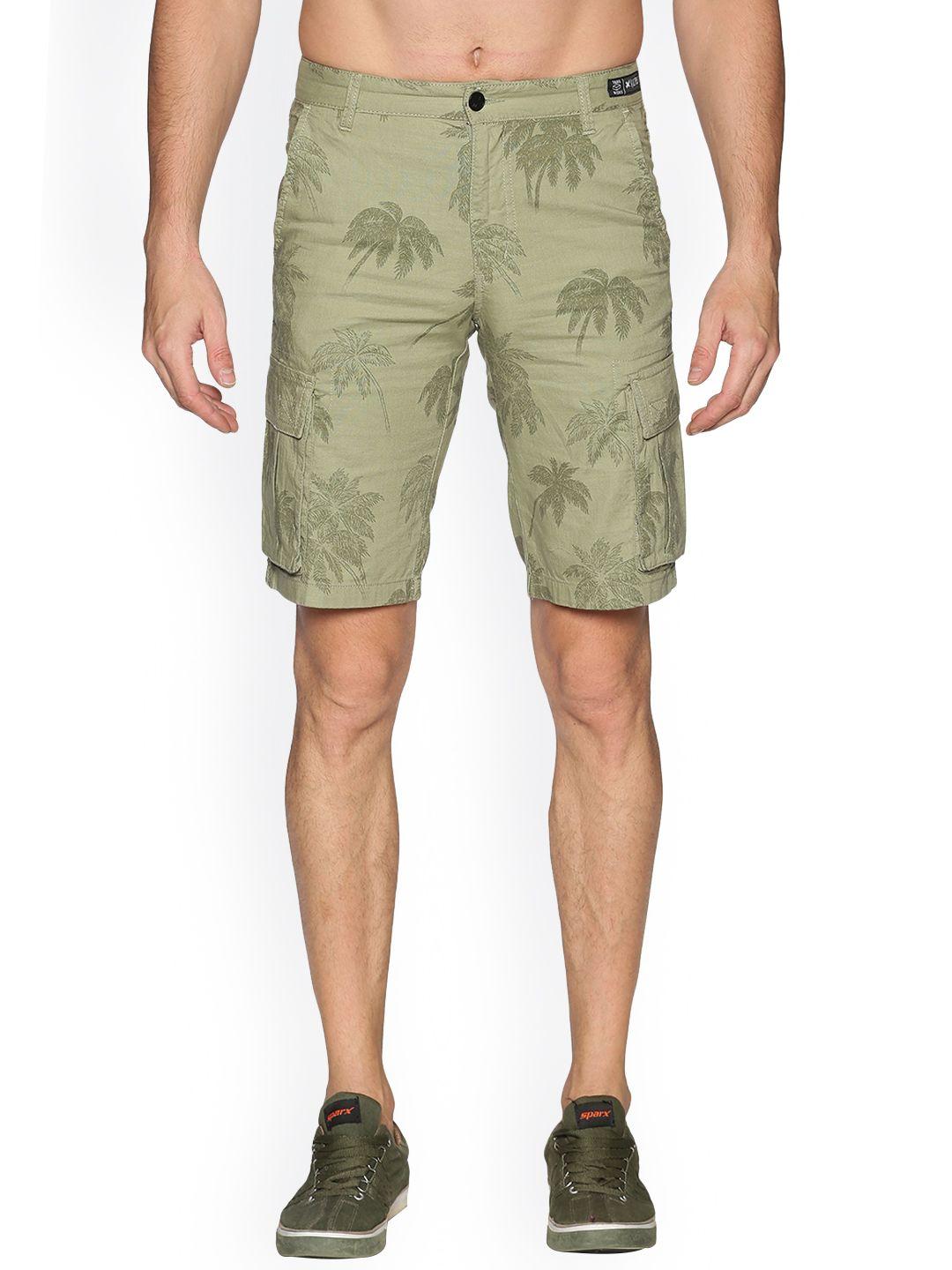 kultprit men green floral printed cotton slim fit shorts