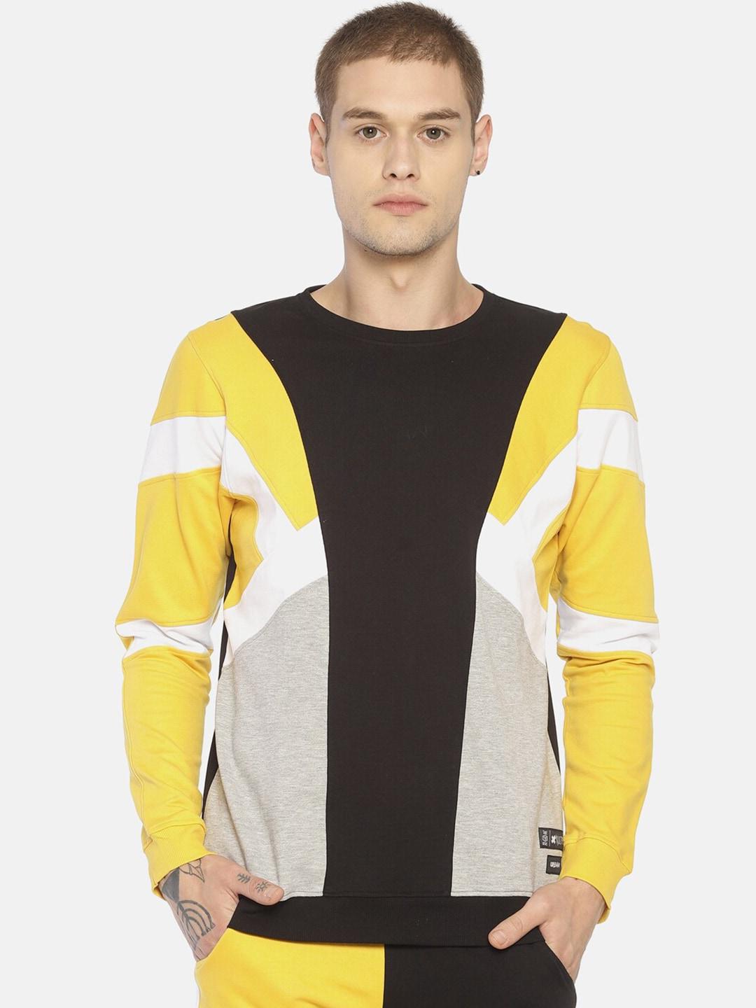 kultprit men yellow & black colourblocked cotton sweatshirt