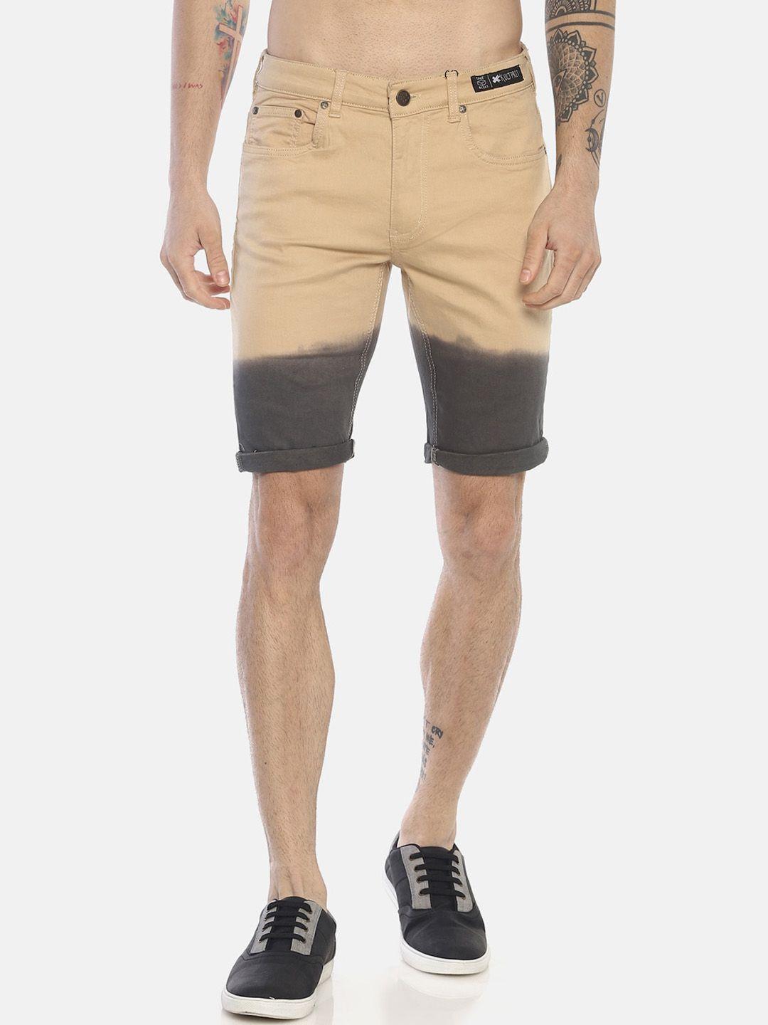 kultprit men beige & grey colourblocked slim fit cotton shorts