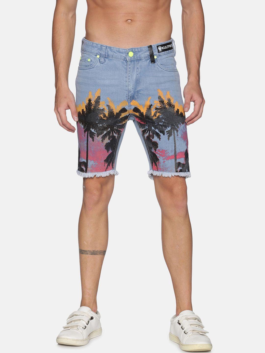 kultprit men blue & pink tropical printed cotton slim fit shorts