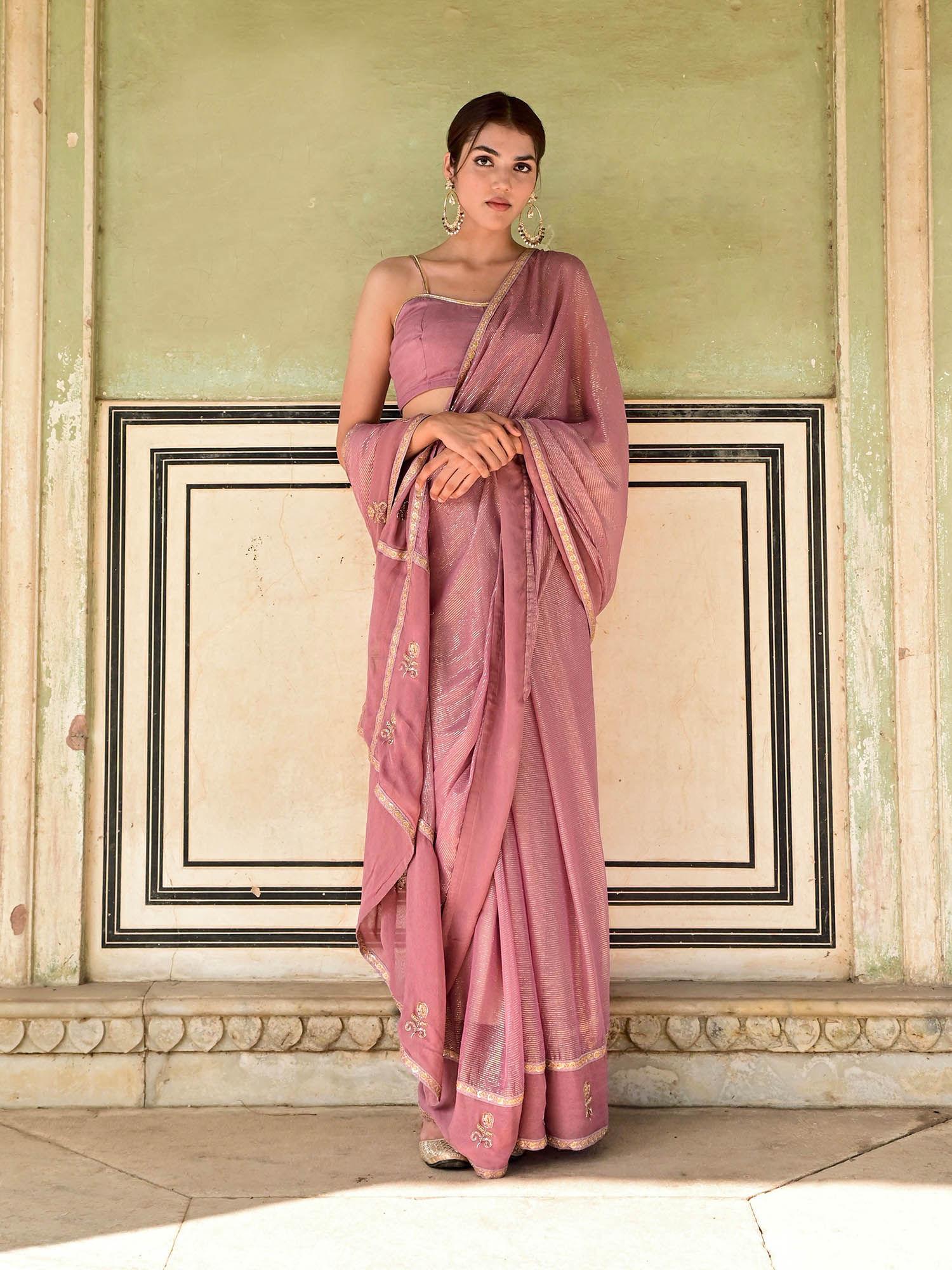 kumudni mauve embellished saree with unstitched blouse