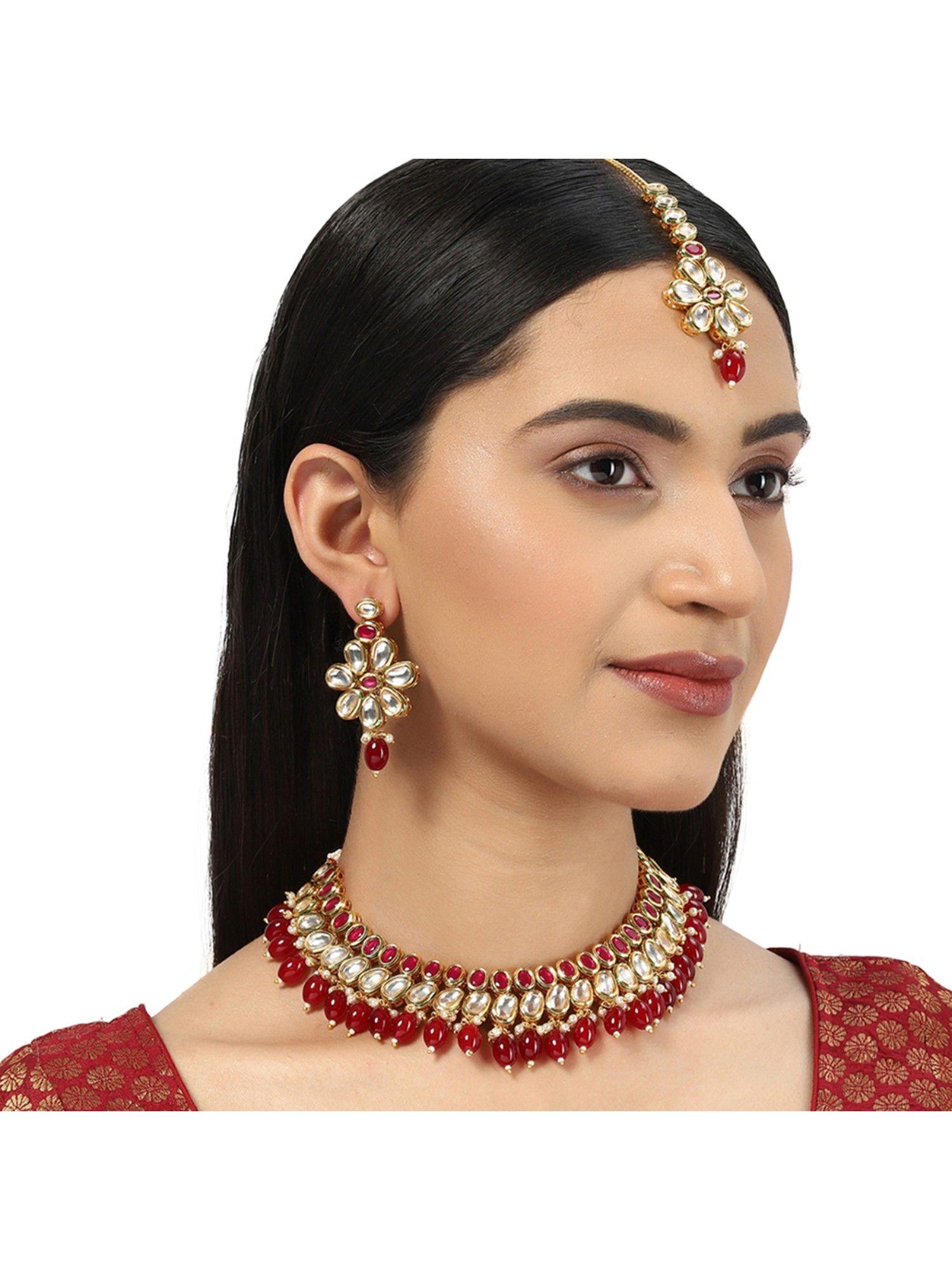 kundan gold plated red beaded jewellery set