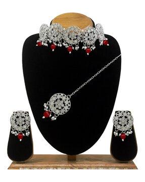 kundan stone & beads choker necklace earring with maangtikka jewellery set