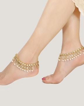 kundan-studded anklets with bead drops