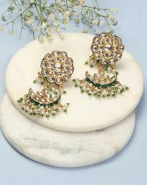 kundan-studded chandbali earrings with pearl-drop