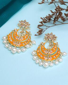 kundan-studded chandbali earrings with pearl drops