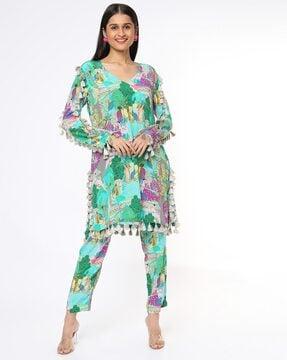 kuno print crepe kurta with cigarette pants