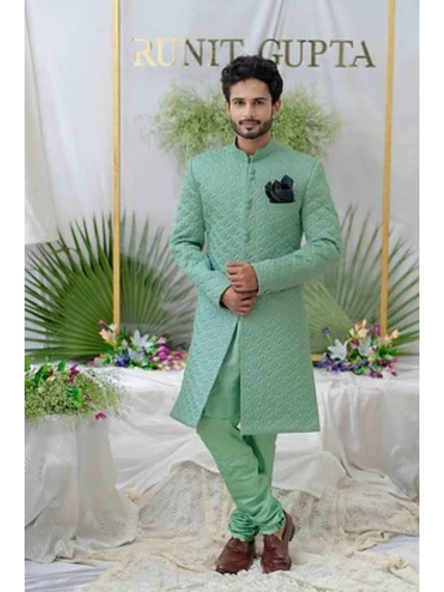 kunwar dusty sea green foam quilted sherwani kurta with churidar (set of 3)