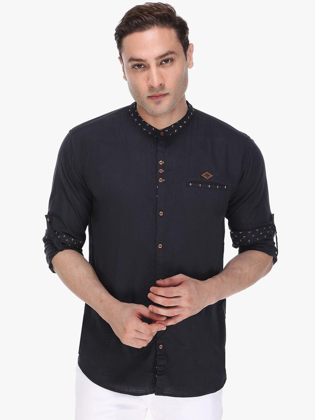 kuons avenue men black slim fit opaque linen cotton casual shirt