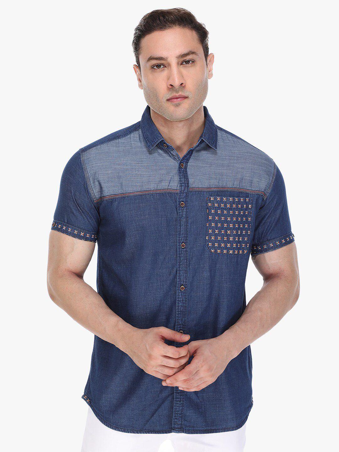 kuons avenue men blue smart slim fit colourblocked cotton casual shirt