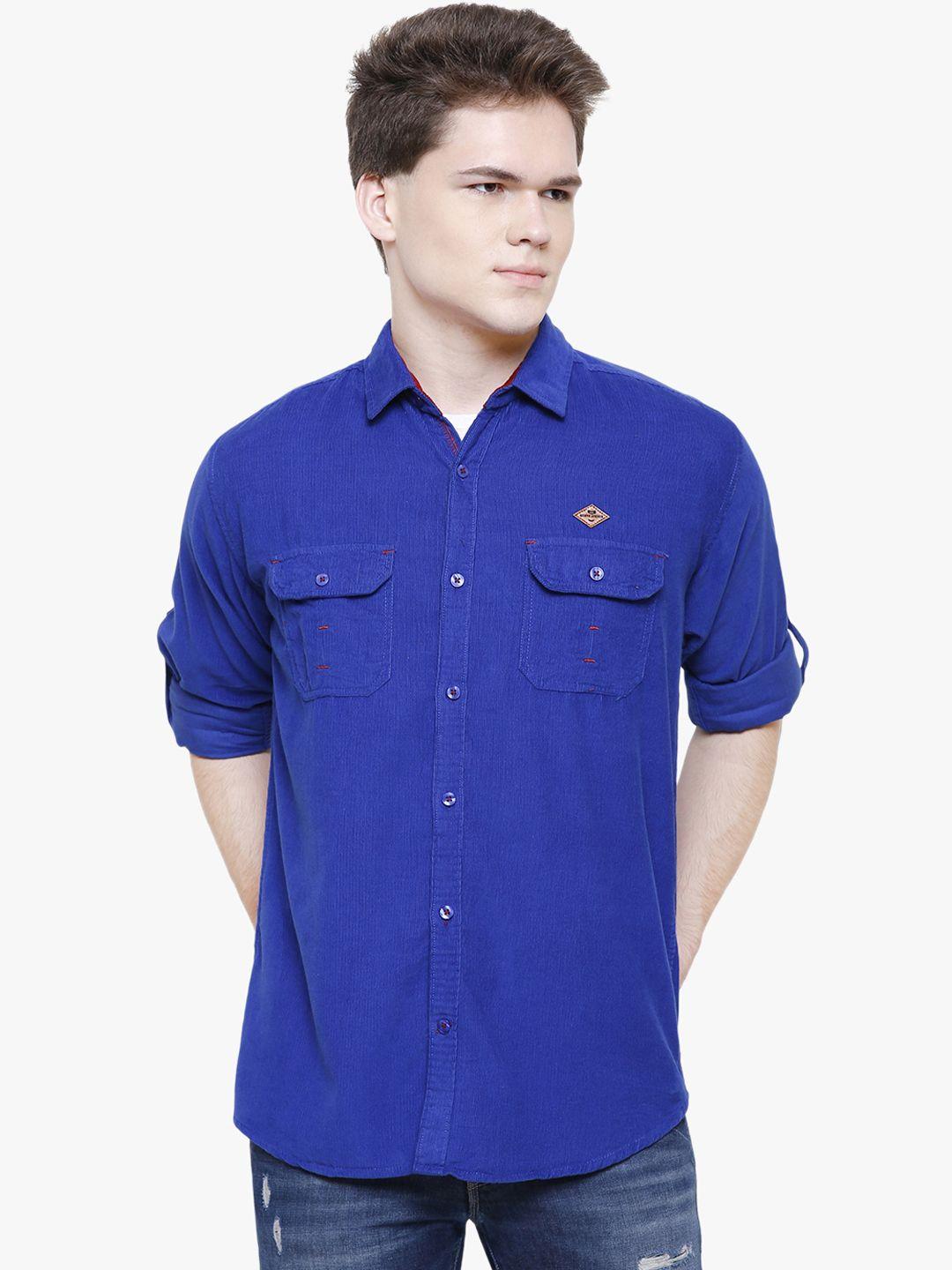kuons avenue men blue smart slim fit solid corduroy shirt
