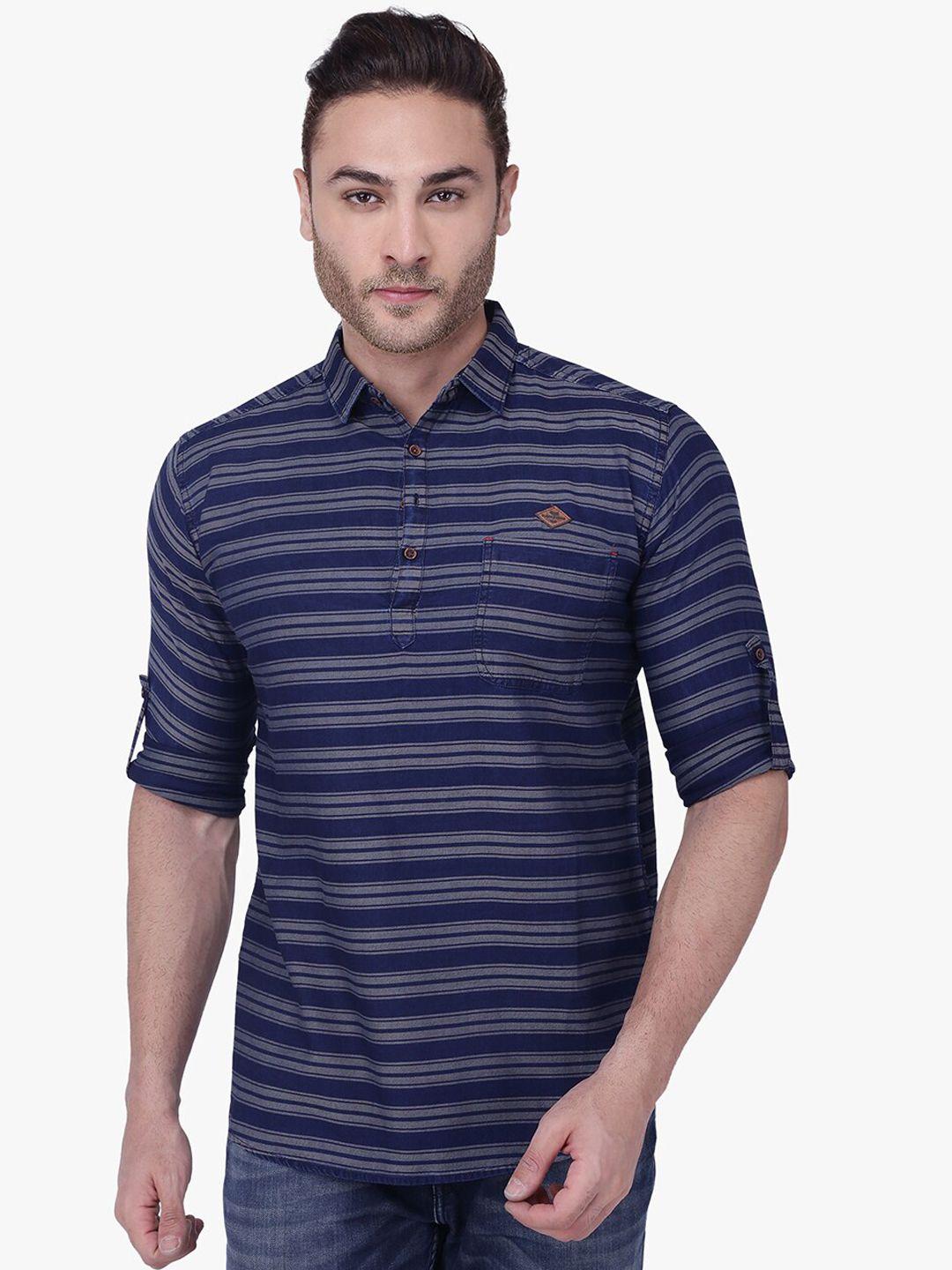 kuons avenue men grey & navy blue striped cotton indigo denim kurta