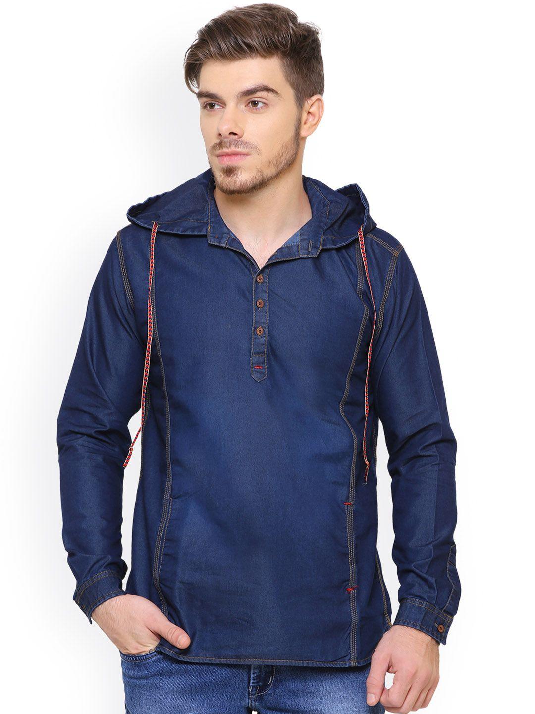 kuons avenue men navy blue solid denim hooded straight kurta