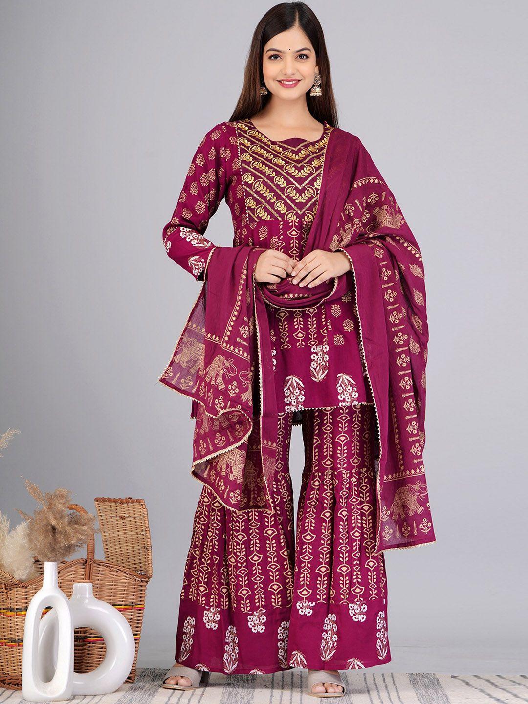 kurock ethnic motifs printed gotta patti a-line kurti & sharara with dupatta