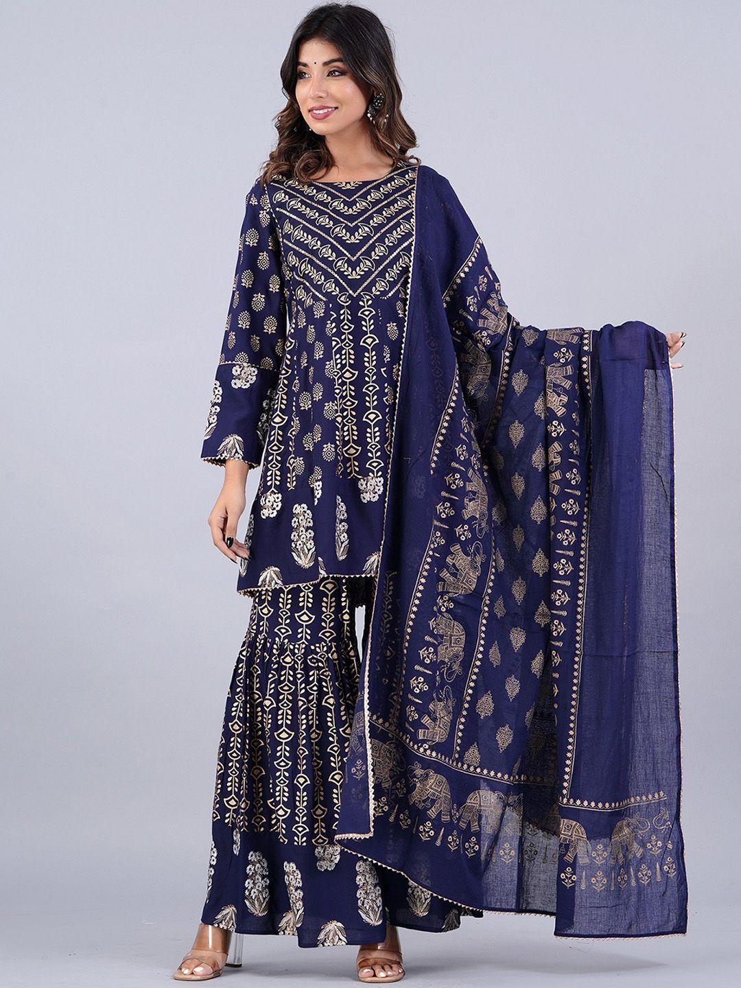 kurock ethnic motifs printed gotta patti kurta with sharara & dupatta