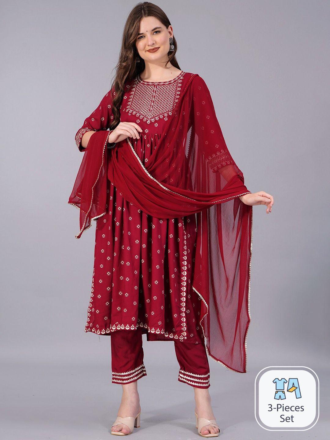 kurock ethnic motifs printed sequinned empire kurta with trousers & dupatta