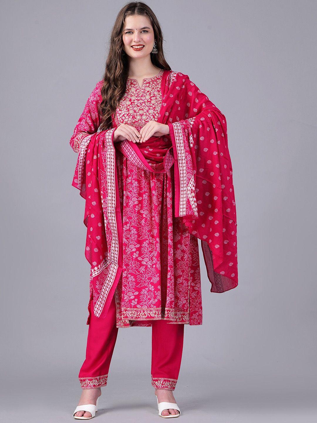 kurock floral printed thread work pleated straight kurta & trouser with dupatta