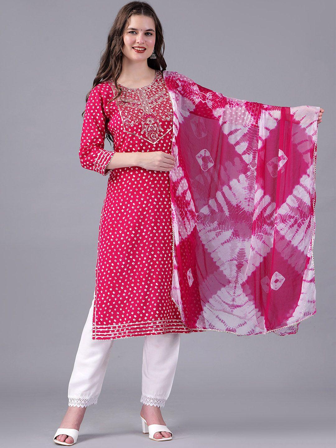 kurock geometric printed thread work regular pure cotton kurta with trousers & dupatta