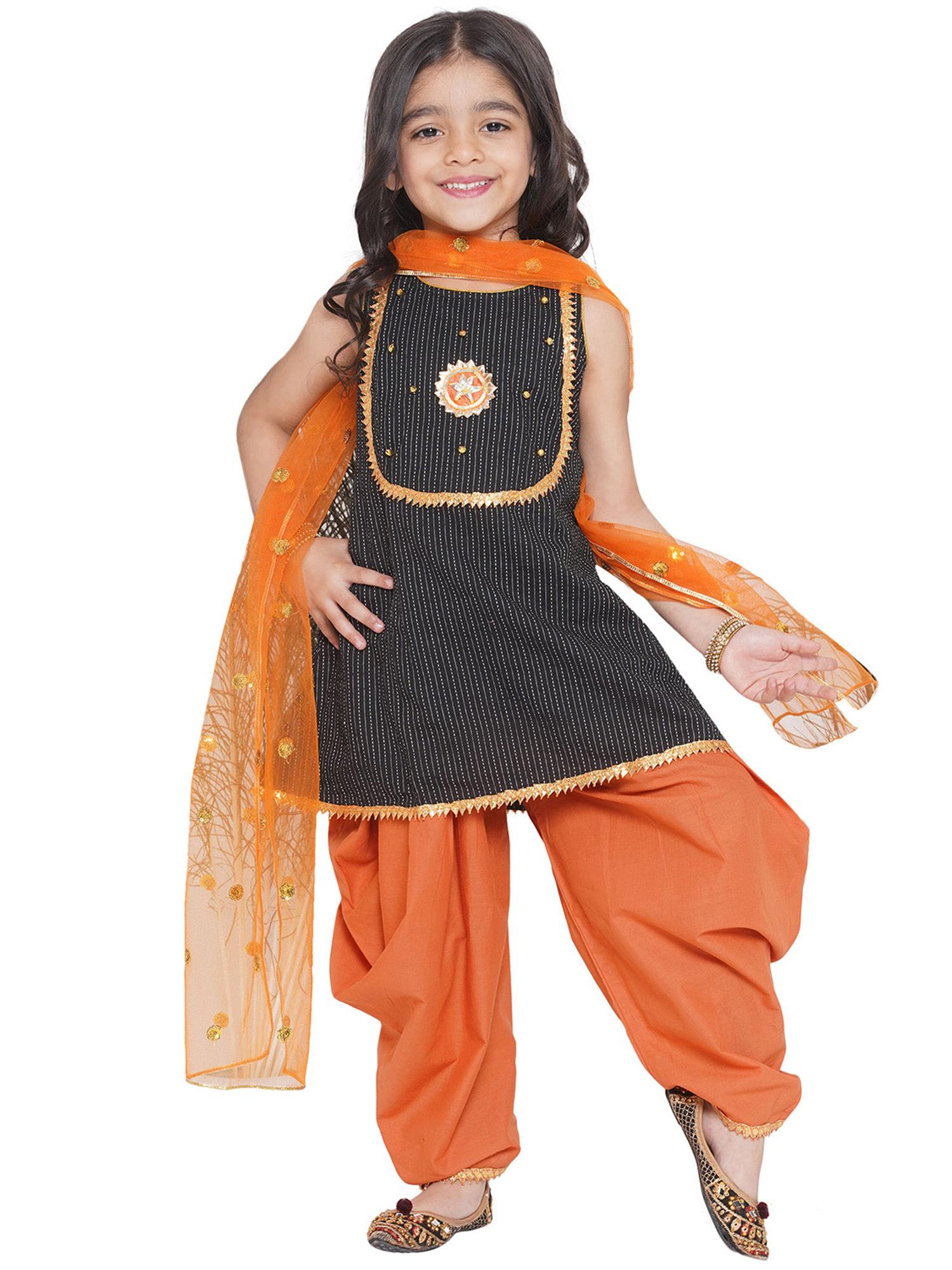 kurta with ghungroo-booti work salwar & dupatta-black & orange (set of 3)