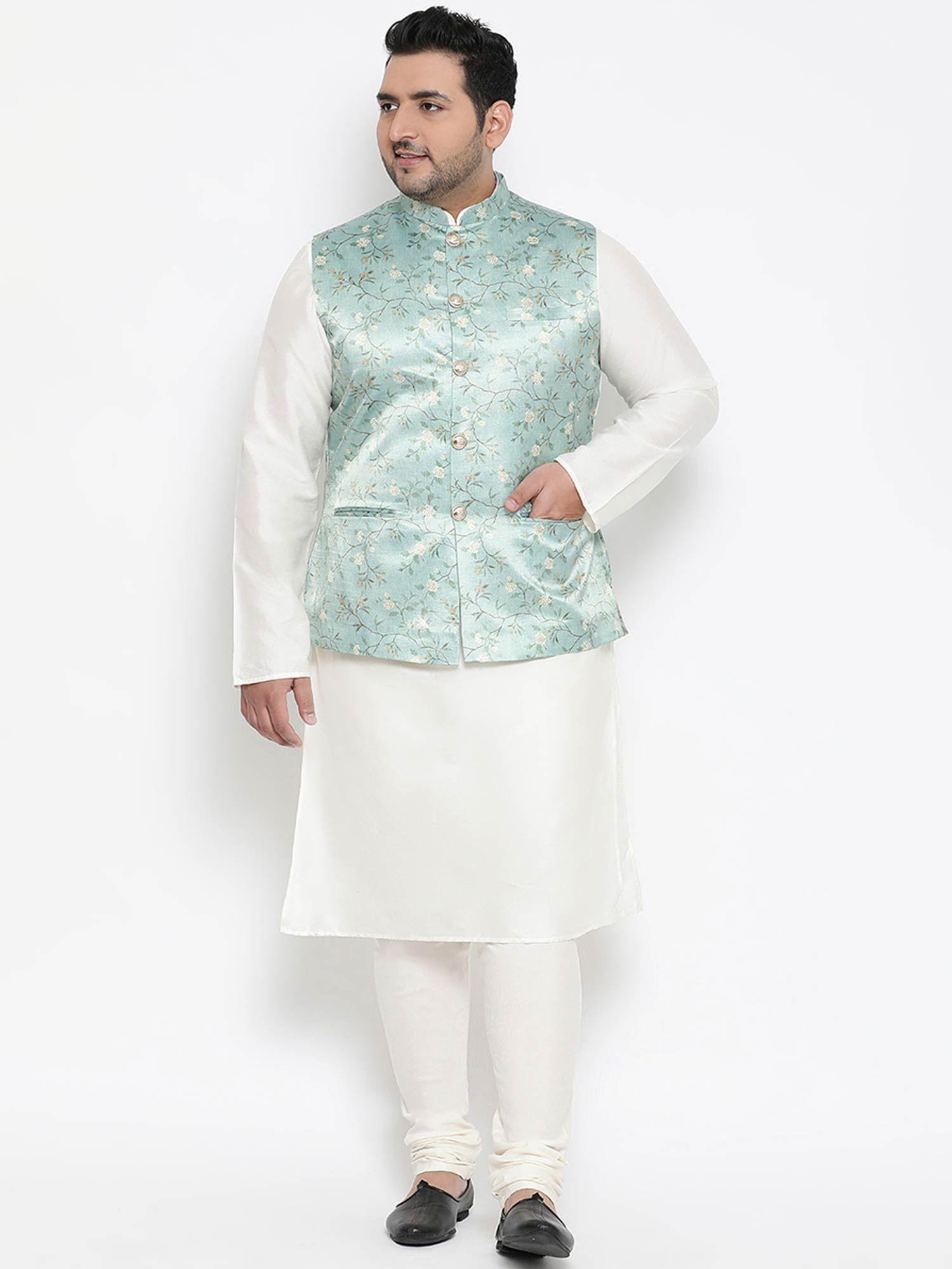 kurta and churidar with green nehru jacket (set of 3)